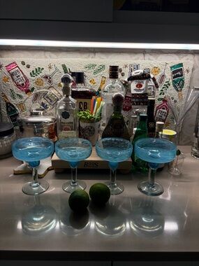 Crate & Barrel Calypso Blue Hand Blown Glass Margarita Coupes - Set of 4